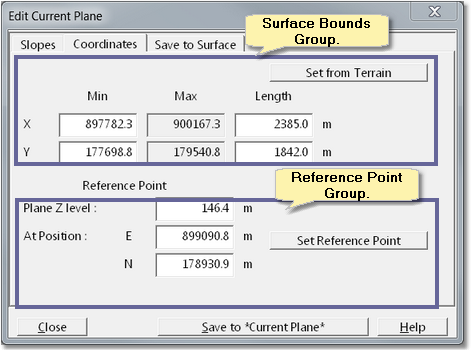 Current Plane Dialog, Coordinates page.