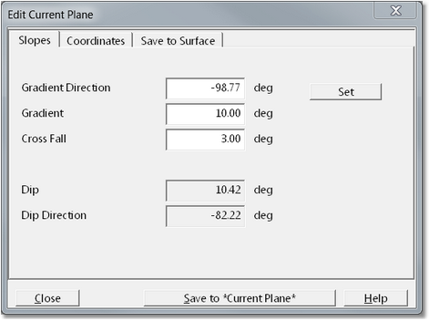 Current Plane dialog, Slopes page.