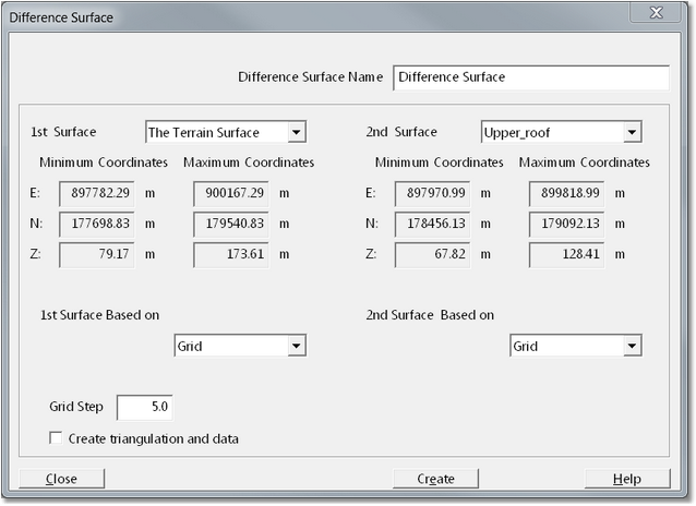 Difference Surface Dialog.