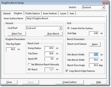 Dragline Bench Design Dialog.