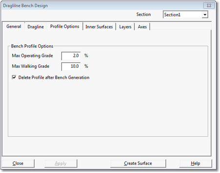 Dragline Bench Design Dialog, Profile Options Page.