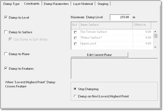 Dump Settings  dialog, Dump Constraints page.