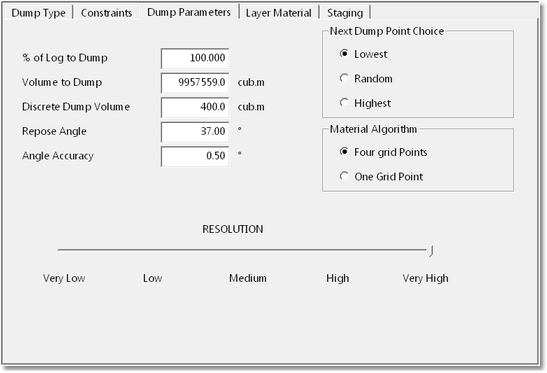 Dump Settings Dialog, Dump Parameters page.