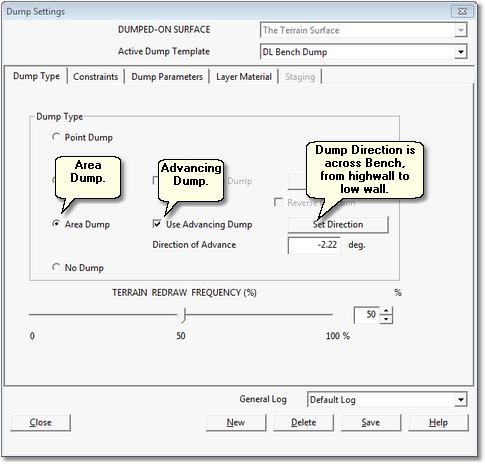 Dump Settings dialog,Dump Type page, set up for Bench Dump.