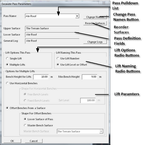 Excavate Pass Parameters Dialog.