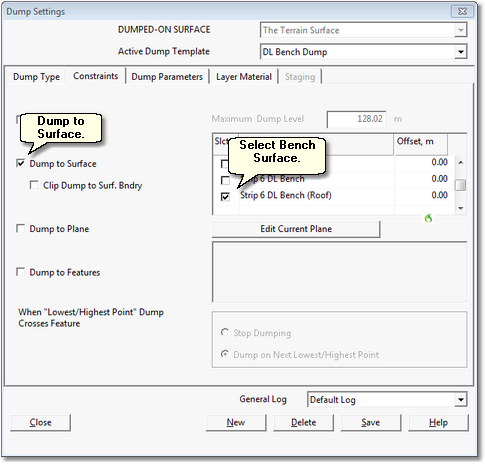 Dump Settings dialog, Constraints page, set up for Bench Dump.