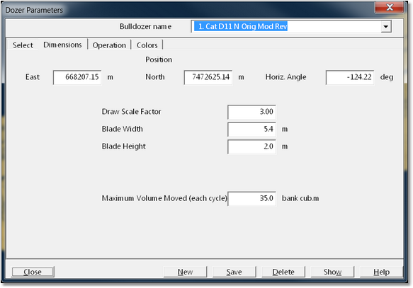 Dozer Parmaters Dialog - Dimensions Page.