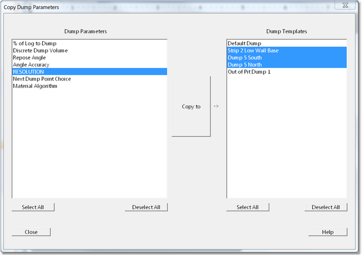 Copy Dump Parameters Dialog.