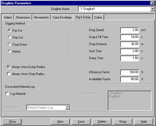 Dragline Parameters dialog, Dig & Dump page.