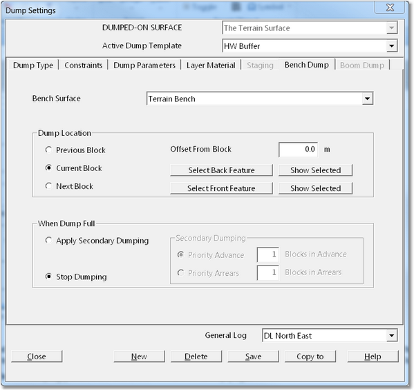 Dump Settings Dialog – Bench Dump Page.