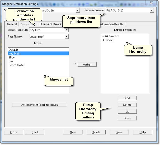 Dragline Simulation Settings dialog – Dumps & Moves page.