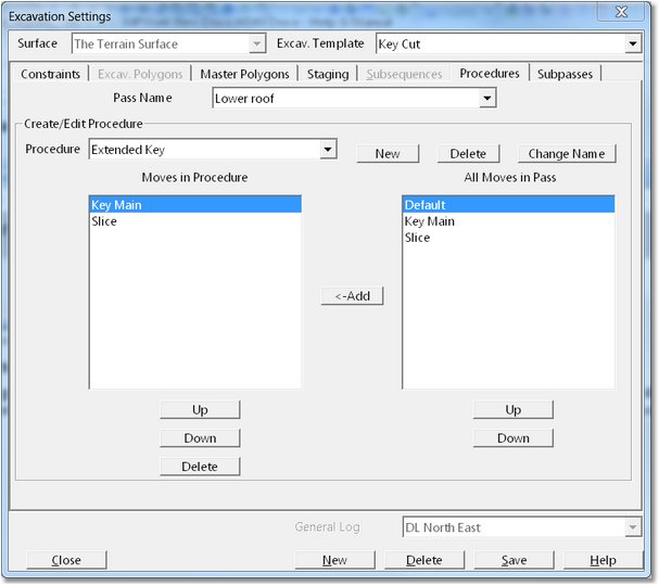 Excavation Settings Dialog – Procedures Page.