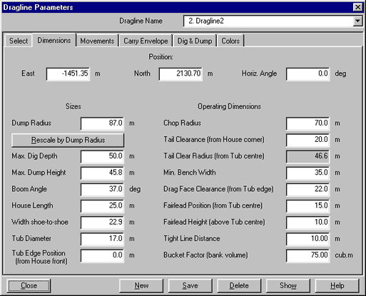 Dragline Parameters dialog, Dimensions page.