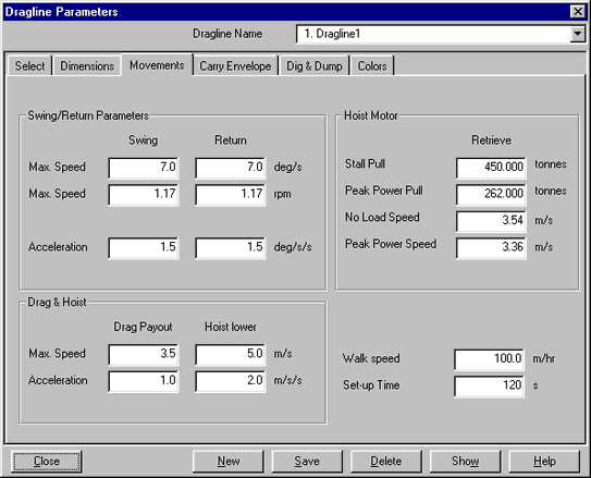 Dragline Parameters dialog, Movements page.