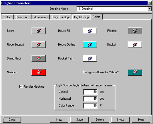 Dragline Parameters dialog,  Colours page.