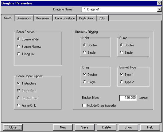 Dragline Parameters  dialog.