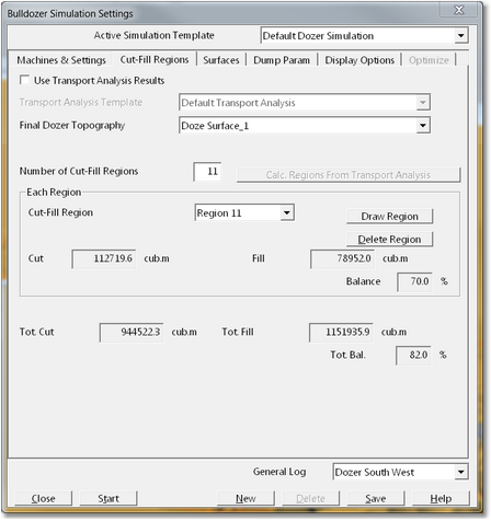 Dozer Simulation Dialog – Cut Fill Regions Page.