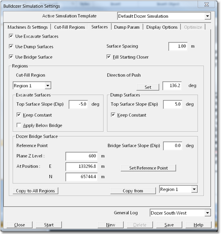 Dozer Simulation Dialog - Surfaces Page.