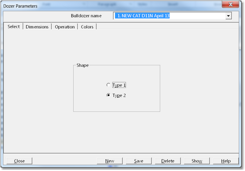 Dozer Parameters dialog, Shape page.