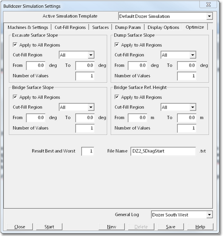 Bulldozer Simulation Settings – Optimize Page.