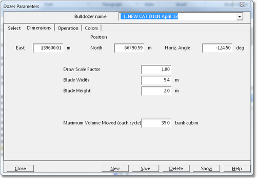 Dozer Parameters Dialog - Dimensions Page.