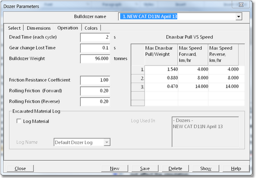 Dozer Parameters Dialog - Operation Page.