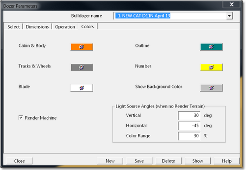 Dozer Parameters Dialog - Colors Page.