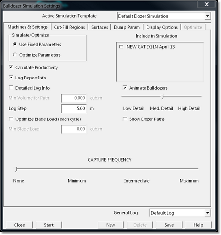 Dozer Simulation Settings Dialog – Machines & Settings page.