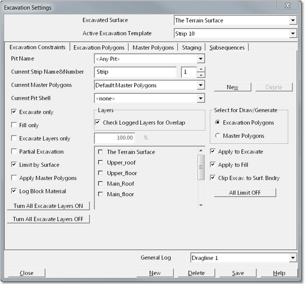 Excavation Settings dialog - Excavation Constraints page.