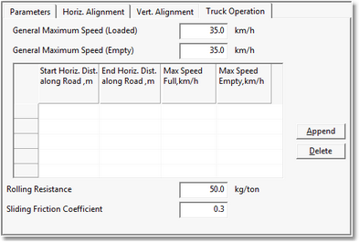 Create Roads Dialog, Truck Operation Page