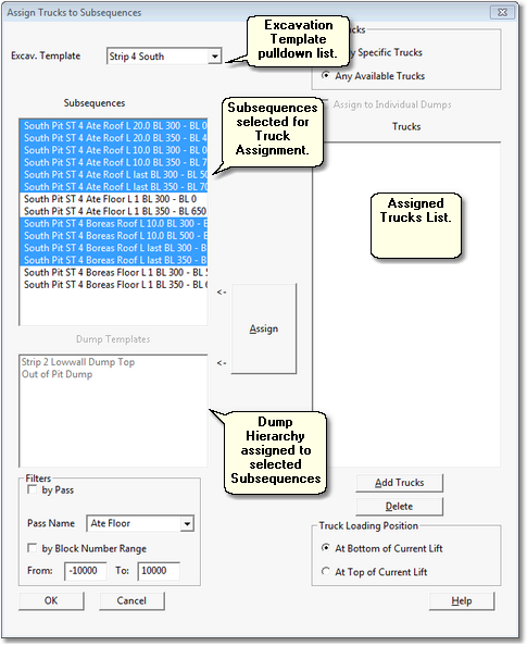 Assign Trucks to Subsequences Dialog.