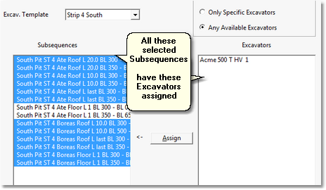 Assign Excavators to Subsequences Dialog Showing Assigned Excavators.