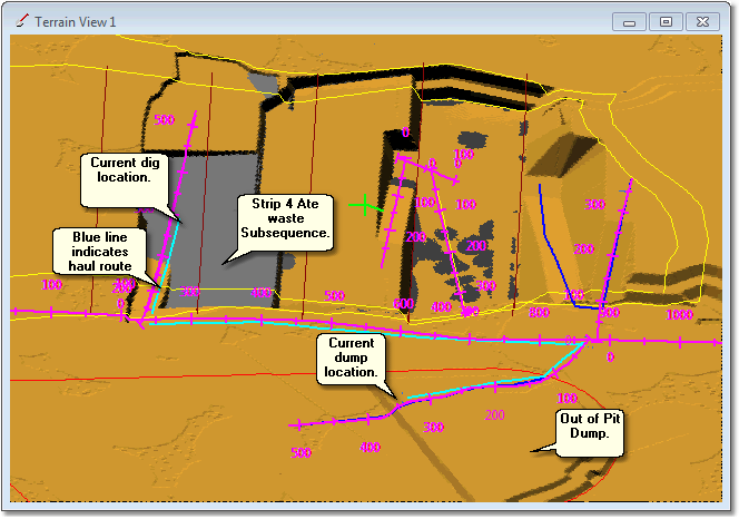 Strip 4 Ate Waste Subsequence Reporting to Out of Pit Dump, Haul Route.