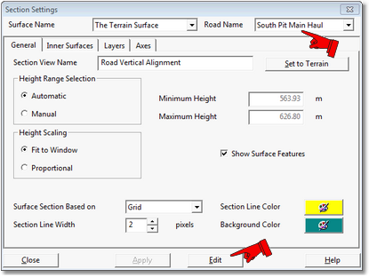 Vertical Alignment set up dialog  Section Settings