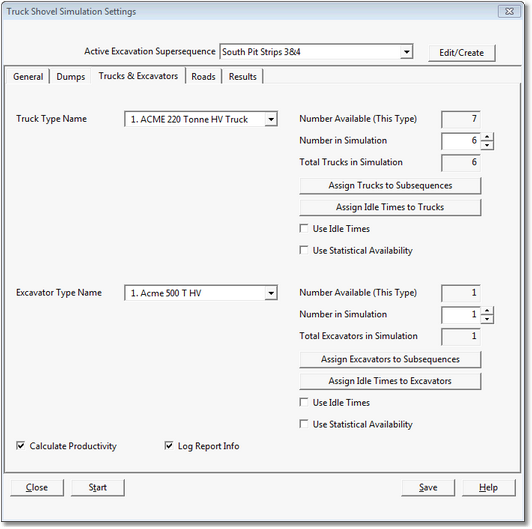 Truck Shovel Simulation Settings Dialog, Trucks & Excavators Page.