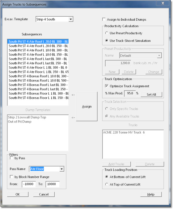 Assign Trucks to Subsequences dialog