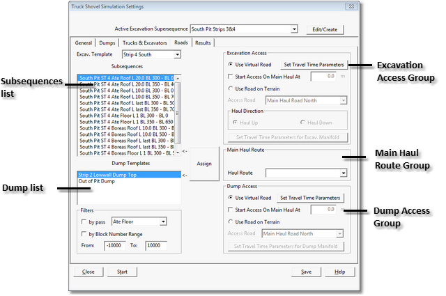 Truck Shovel Simulation Settings, Roads Page.