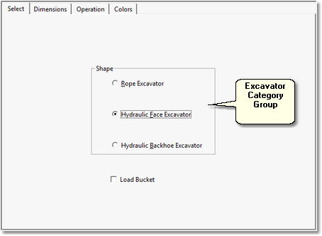 Excavator Parameters dialog Select page