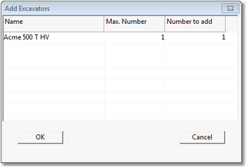 Add Excavators Dialog.