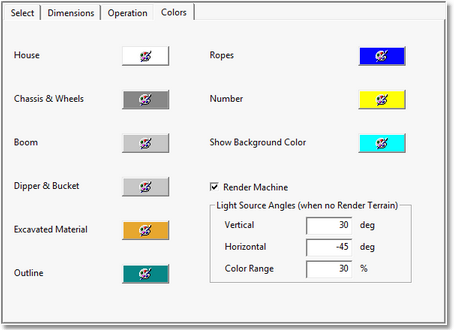 Excavator Settings dialog Colour page