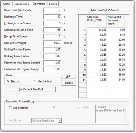 Truck Parameters dialog Operating Parameters page