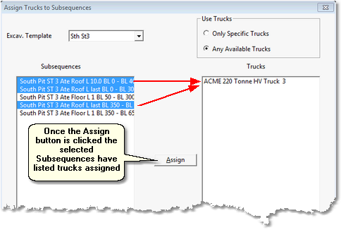 Assign Trucks to Subsequences dialog, Trucks Assigned state