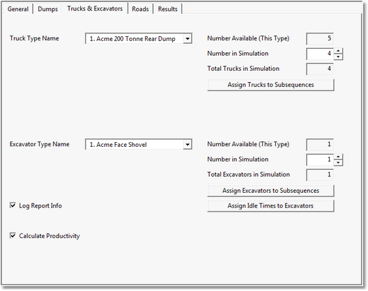 Simulation Settings dialog, Trucks and Excavators page