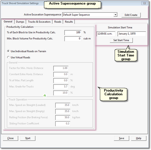 Truck and Shovel Simulation Settings dialog