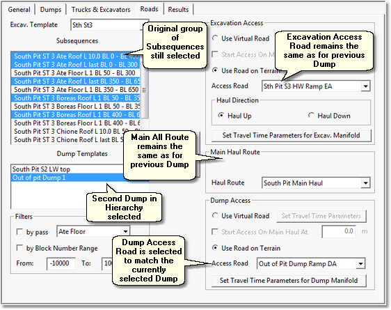 Simulations Settings Dialog, Roads Page, Road assignment for second Dump