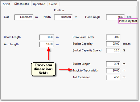 Excavator Parameters dialog Dimensions page