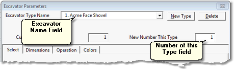 Excavator Parameters dialog Excavator name and Number fields