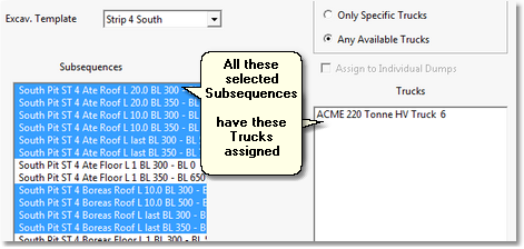 Assign Trucks to Subsequences Dialog Showing Assigned Trucks.