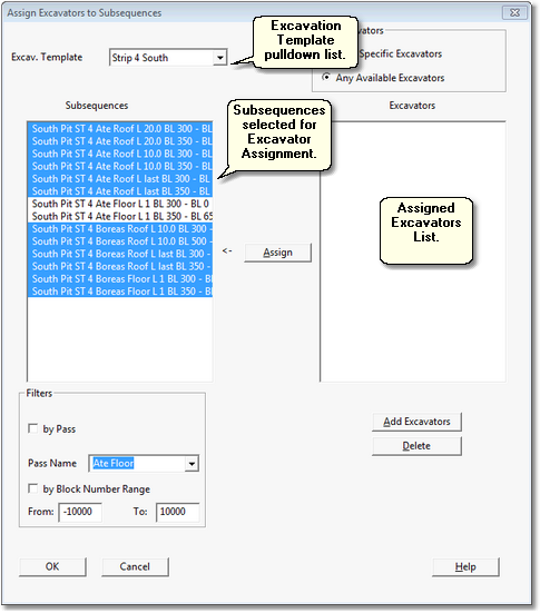 Assign Excavators to Subsequences Dialog.