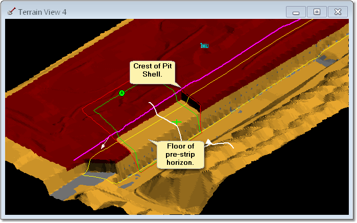 Excavation Constraints Example - Pit Shell and Pre-strip Surfaces set as Surface Constraints.